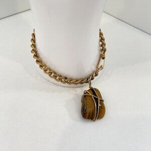 Tigers Eye Pendant On Gold-Tone Chain Bracelet natural stone 70s Boho Gypsy
